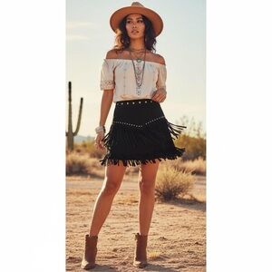 Umgee Black Fringe Mini Skirt